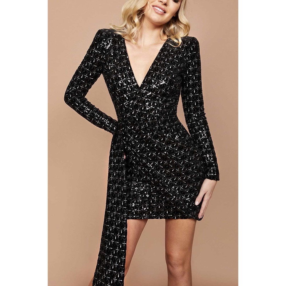 Nadine Merabi Chrissy Sequin Mini Dress Black Asymmetrical S M NWT